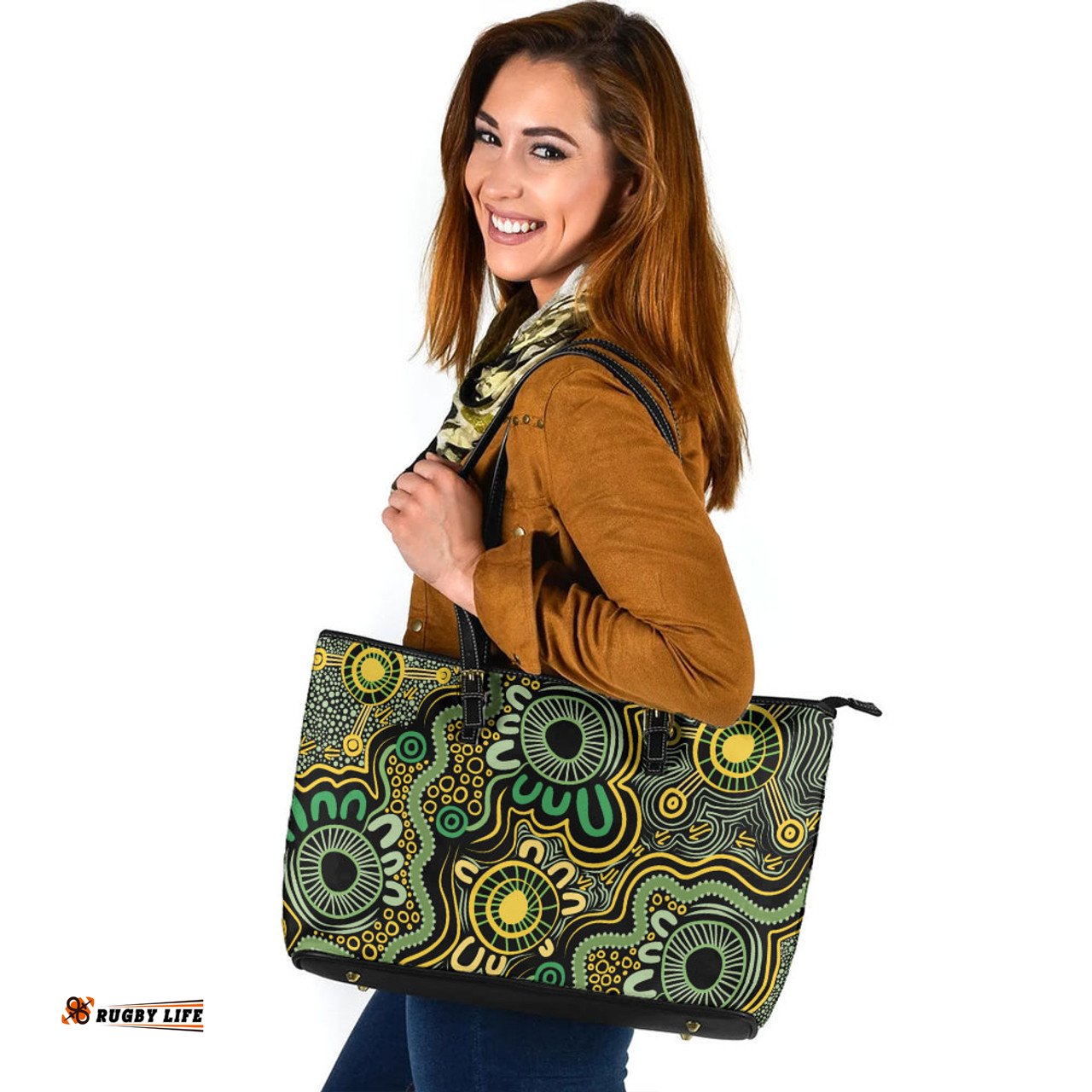 Indigenous Australian Aboriginal Aboriginal Art Style Green Background Leather Tote Bag