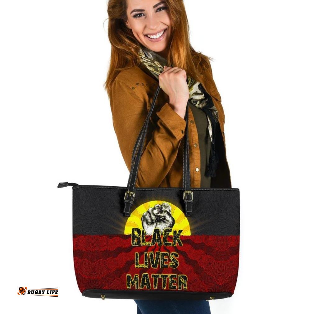 Leather Tote Bag, Aboriginal Black Lives Matter Sun Dot Painting