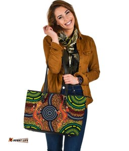1st Australia Large Leather Tote Bag - Aboriginal Two Lizards Dot Painting Circle