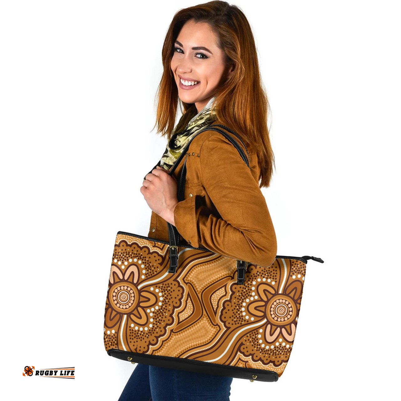 Indigenous Australian Aboriginal Desert Blossom Harmony Leather Tote Bag