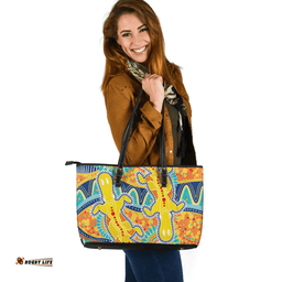 Indigenous Australian Aboriginal Platypus With Aboriginal Art Dot Painting Patterns Inspired Yellow Leather Tote Bag