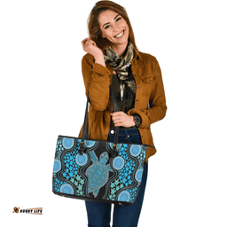 Indigenous Australian Aboriginal Aboriginal Art Color Turtle Inspired Green Leather Tote Bag