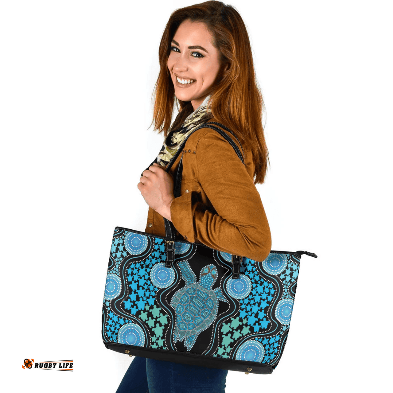 Indigenous Australian Aboriginal Aboriginal Art Color Turtle Inspired Green Leather Tote Bag