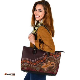 Indigenous Australian Aboriginal Desert Spirit Tracks And Lizard Dreaming Path Leather Tote Bag
