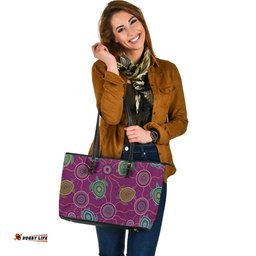 Leather Tote Bag - Aboriginal Turtle Purple Australia Dot Patterns