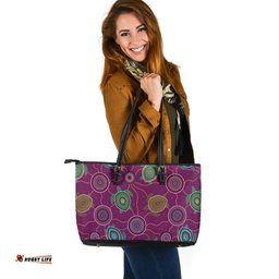 Leather Tote Bag - Aboriginal Turtle Purple Australia Dot Patterns