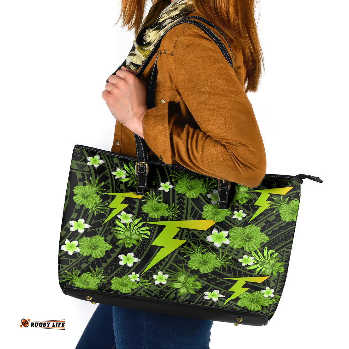 Australian Thunder Cricket Leather Tote Bag Baeuty Pacific Hibiscus and Polynesian Pattern
