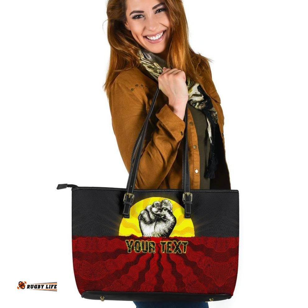 Custom Aboriginal Large Leather Tote Bag, Black Lives Matter Sun Dot Painting