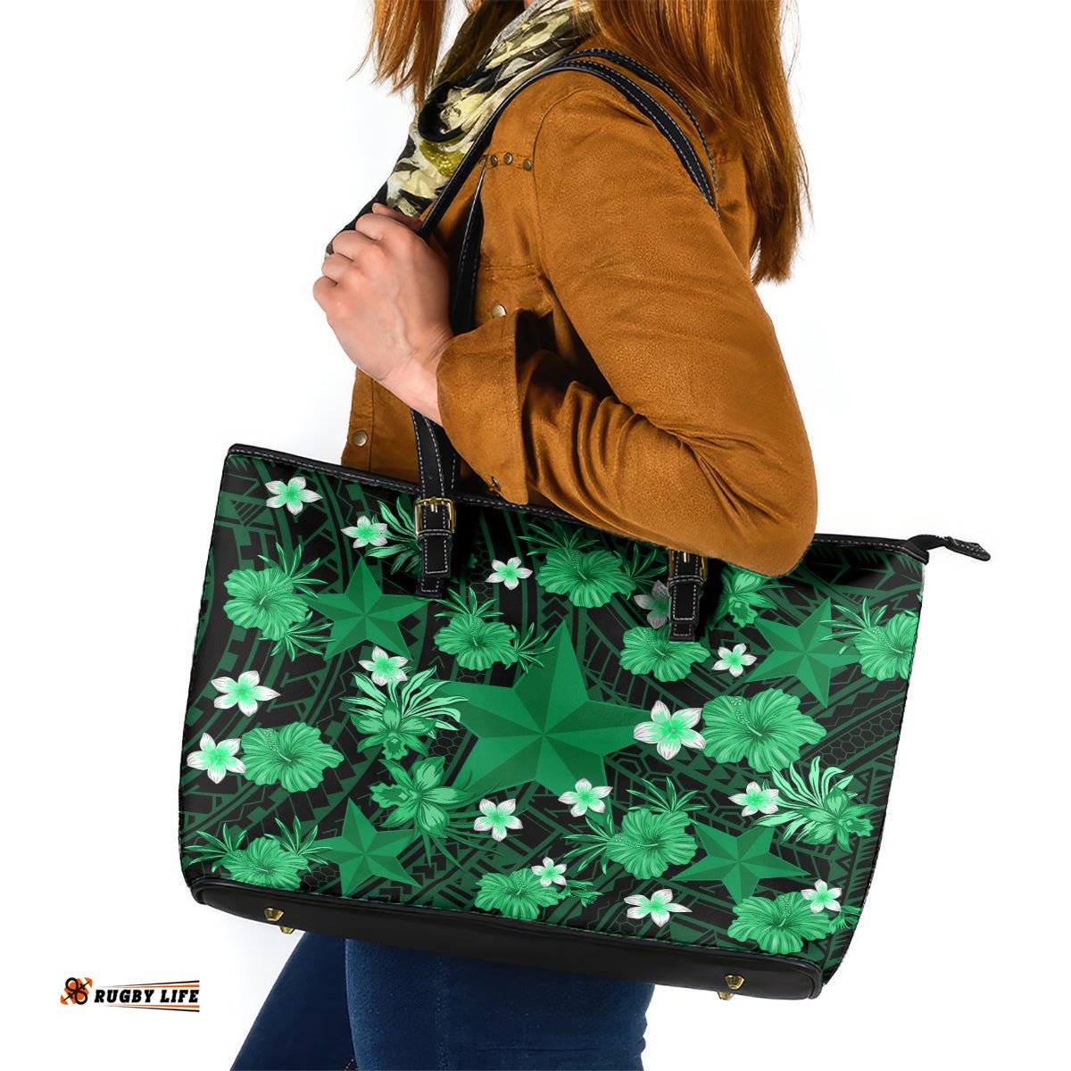 Australian Stars Cricket Leather Tote Bag Baeuty Pacific Hibiscus and Polynesian Pattern