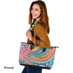 Indigenous Australian Aboriginal Dot Swirls Of Light And Dreamtime Joy Leather Tote Bag