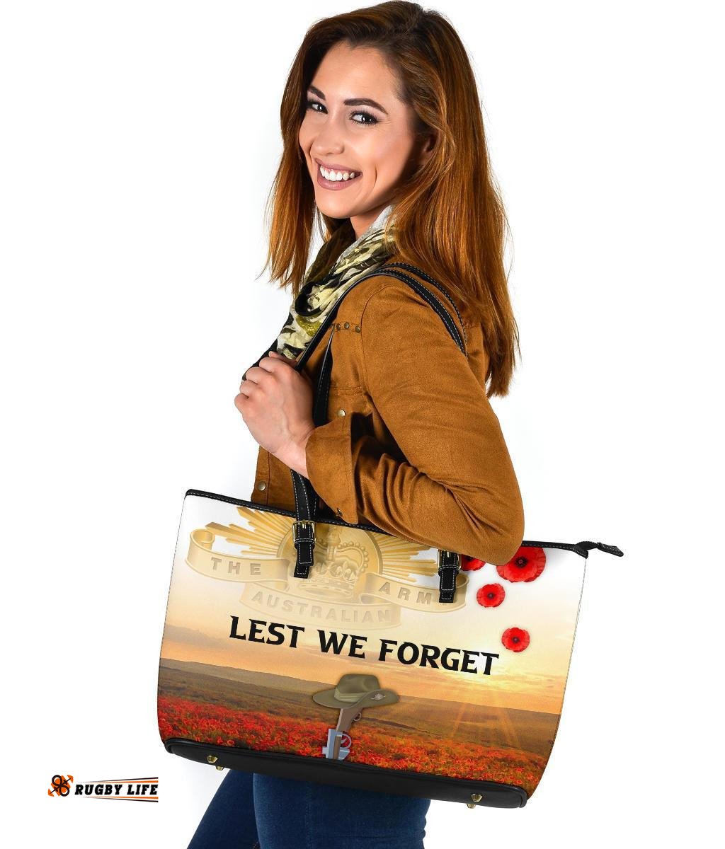 Anzac Day Large Leather Tote Bag - We Will Remember Them