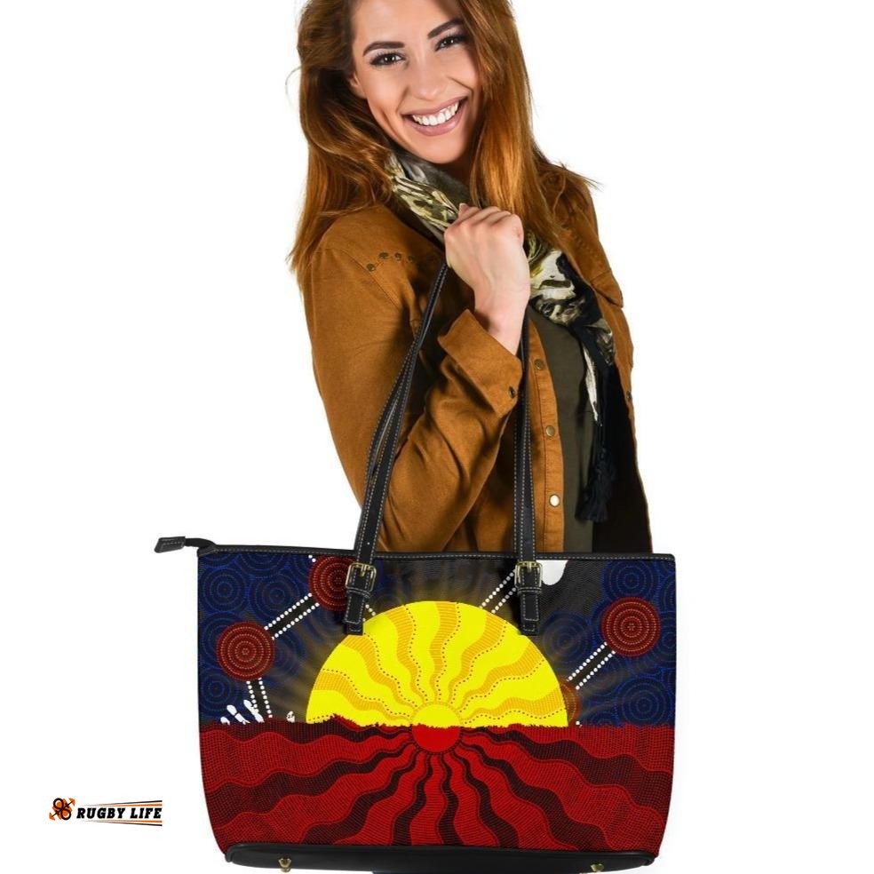 Aboriginal Leather Tote Bag, Aboriginal Lives Matter Flag Sun Dot Painting
