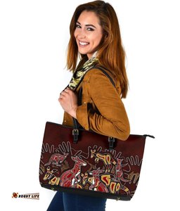 Aboriginal Leather Tote Bag - Kangaroo family with Hand Art
