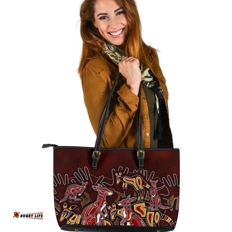Aboriginal Leather Tote Bag - Kangaroo family with Hand Art