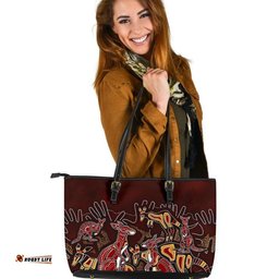 Aboriginal Leather Tote Bag - Kangaroo family with Hand Art