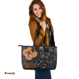 Indigenous Australian Aboriginal Aboriginal Dot Art With Bush Flowers Leather Tote Bag