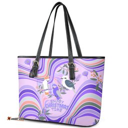 Australia Hippie Christmas Leather Tote Bag Cockatoo Kookaburra with Wattle Violet Pastel Color