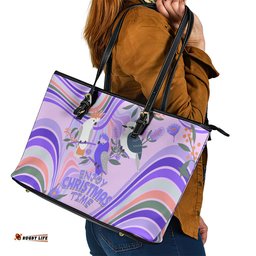 Australia Hippie Christmas Leather Tote Bag Cockatoo Kookaburra with Wattle Violet Pastel Color
