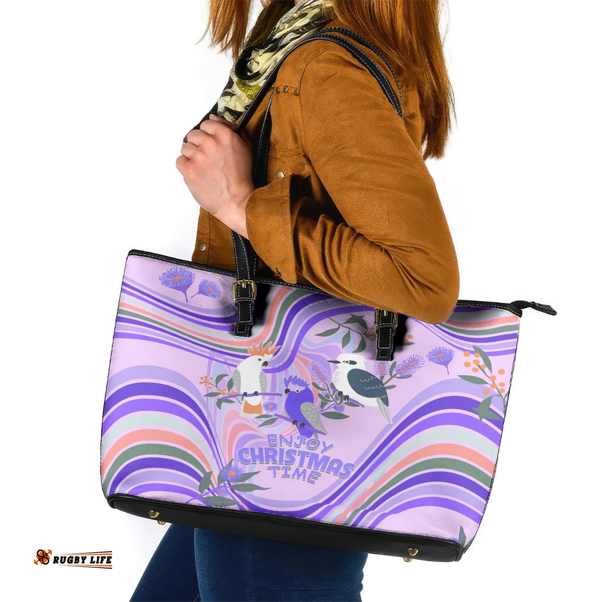 Australia Hippie Christmas Leather Tote Bag Cockatoo Kookaburra with Wattle Violet Pastel Color