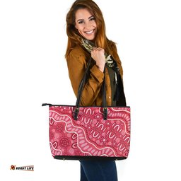 Indigenous Australian Aboriginal Pink Journey Through Ancestral Songline Paths Leather Tote Bag