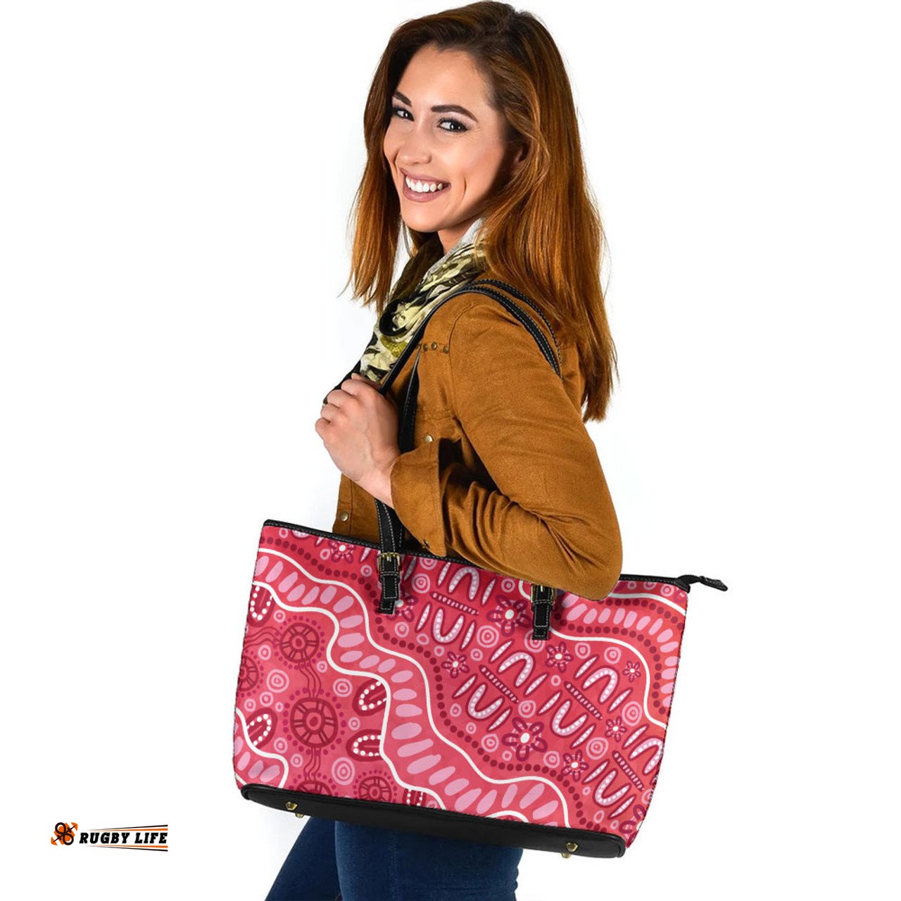 Indigenous Australian Aboriginal Pink Journey Through Ancestral Songline Paths Leather Tote Bag