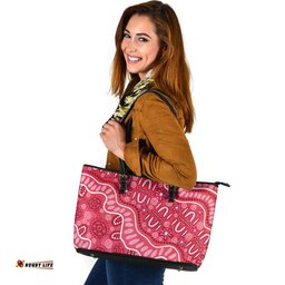 Indigenous Australian Aboriginal Pink Journey Through Ancestral Songline Paths Leather Tote Bag