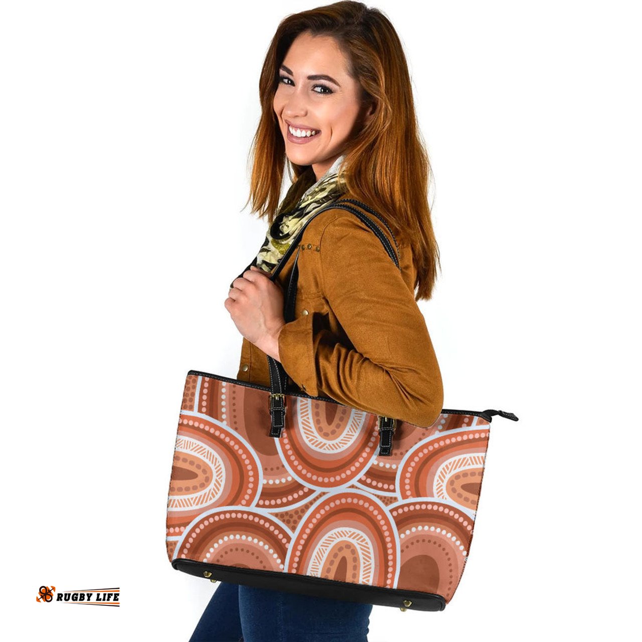 Indigenous Australian Aboriginal Outback Harmony Rings In Sandstone Connection Leather Tote Bag