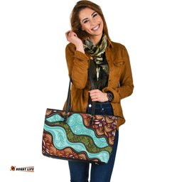 Indigenous Australian Aboriginal Flow Of The Dreaming River Leather Tote Bag