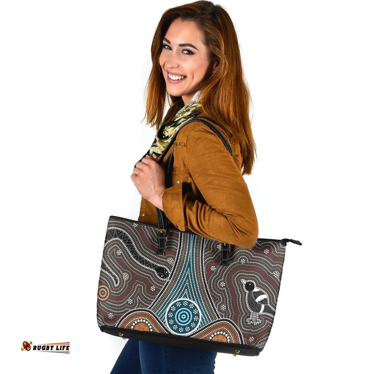 Indigenous Australian Aboriginal Sacred Dreaming Waters Leather Tote Bag
