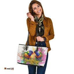 Indigenous Australian Aboriginal Rainbow Lorikeets With Grevillea Flowers Leather Tote Bag