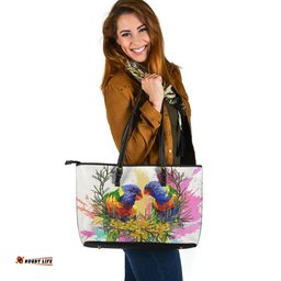Indigenous Australian Aboriginal Rainbow Lorikeets With Grevillea Flowers Leather Tote Bag