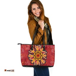Indigenous Australian Aboriginal Sacred Sun & Ancestral Hands Leather Tote Bag