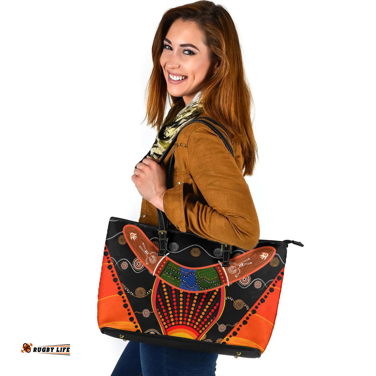 Indigenous Australian Aboriginal Indigenous Dot With Boomerang Inspired Leather Tote Bag