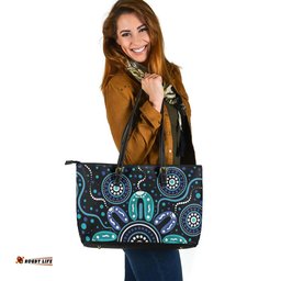 Indigenous Australian Aboriginal Midnight Gathering Under The Sacred Starflower Sky Leather Tote Bag