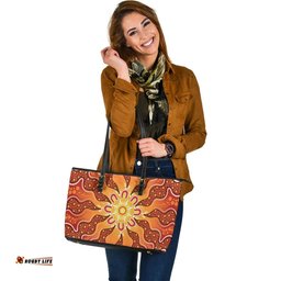 Indigenous Australian Aboriginal Radiant Sun Spirit Flowing With Dreamtime Light Leather Tote Bag