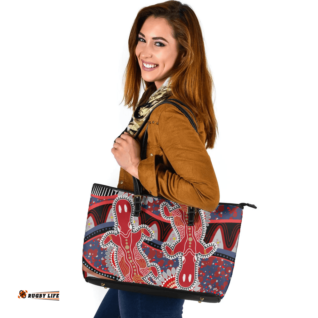 Indigenous Australian Aboriginal Platypus With Aboriginal Art Dot Painting Patterns Inspired Red Leather Tote Bag