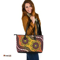 Indigenous Australian Aboriginal Golden Dreaming Petals Leather Tote Bag