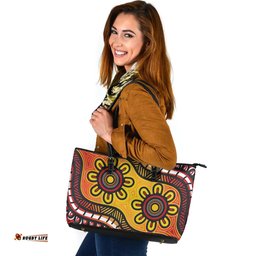 Indigenous Australian Aboriginal Golden Dreaming Petals Leather Tote Bag