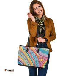 Indigenous Australian Aboriginal Rainbow Spirit Dance In Dreaming Circles Leather Tote Bag
