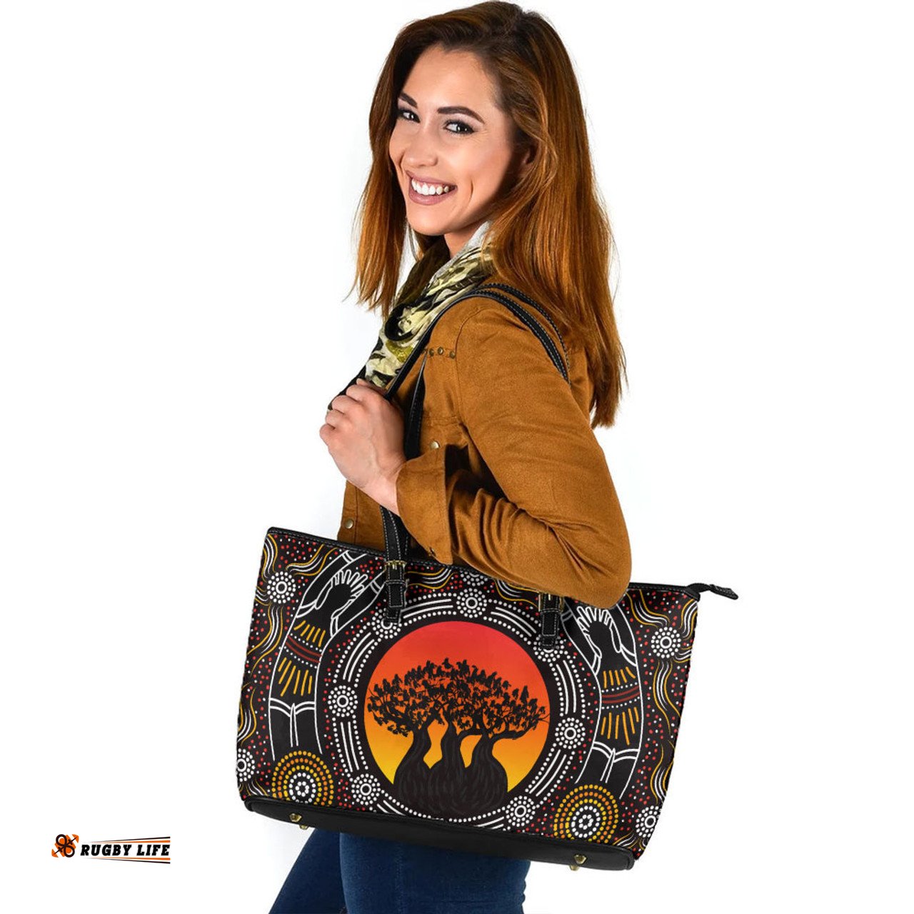 Indigenous Australian Aboriginal Sunset Blessings Beneath The Sacred Ancestor Trees Leather Tote Bag