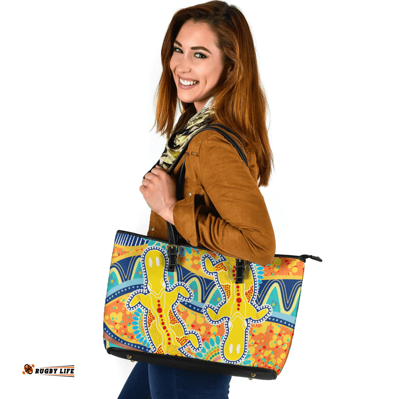 Indigenous Australian Aboriginal Platypus With Aboriginal Art Dot Painting Patterns Inspired Green Leather Tote Bag