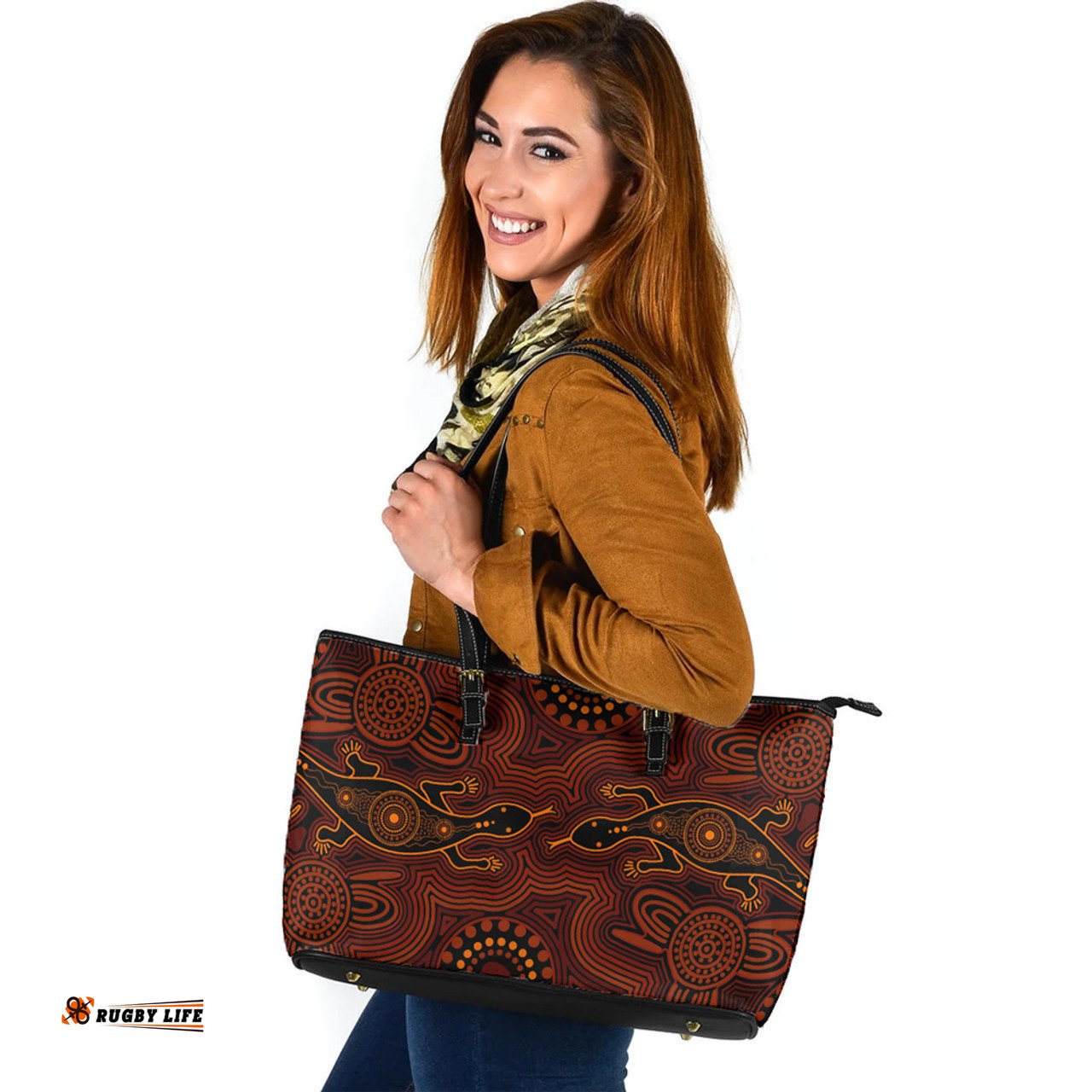 Indigenous Australian Aboriginal Lizard Dreaming Leather Tote Bag