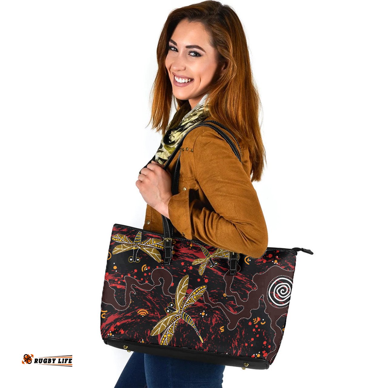 Indigenous Australian Aboriginal Fireflight Dreaming Leather Tote Bag