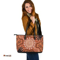 Indigenous Australian Aboriginal Hands Of The Dreaming Leather Tote Bag