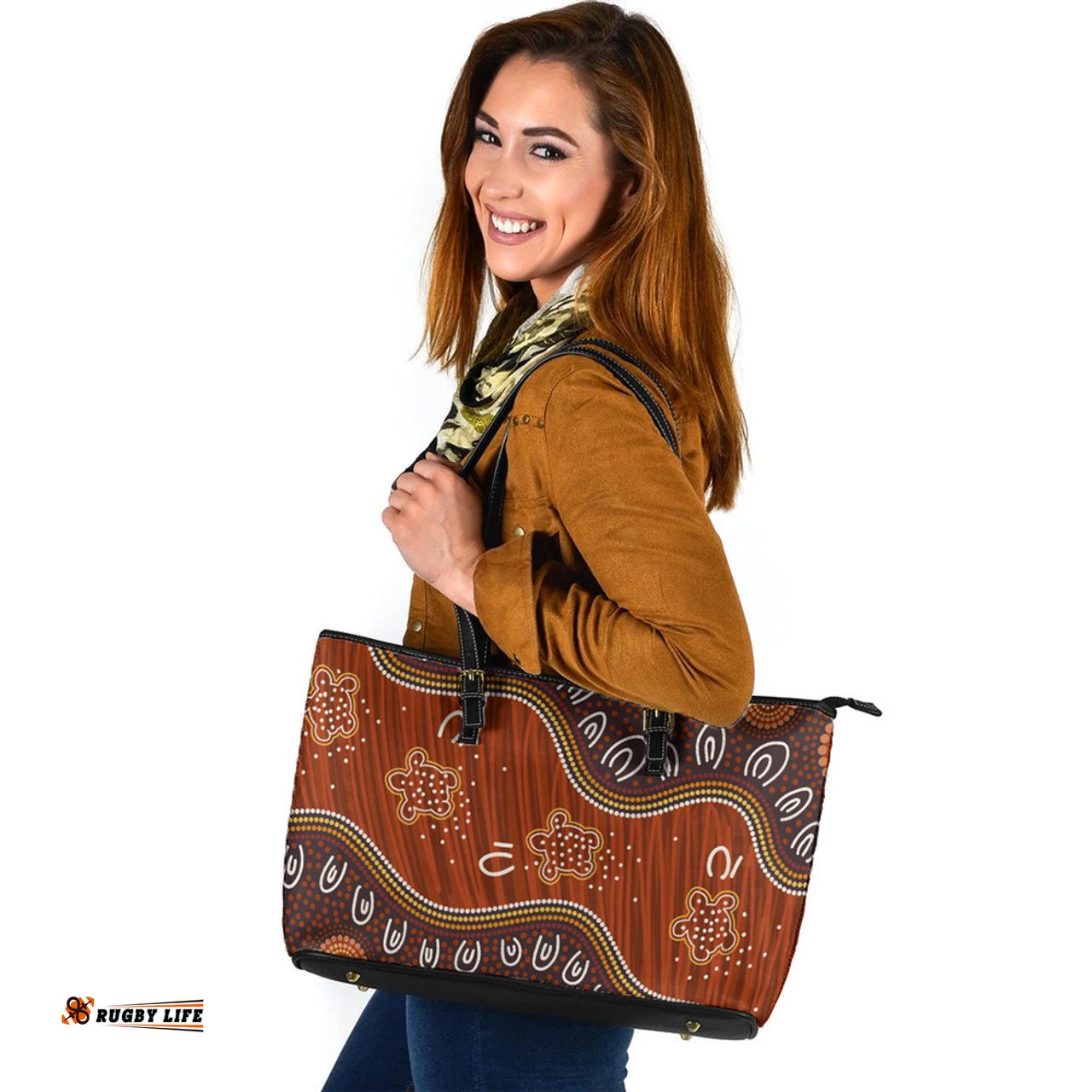 Indigenous Australian Aboriginal Turtle Tracks Journey Leather Tote Bag