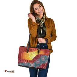 Indigenous Australian Aboriginal Sun Dreaming Over Red Hills Leather Tote Bag