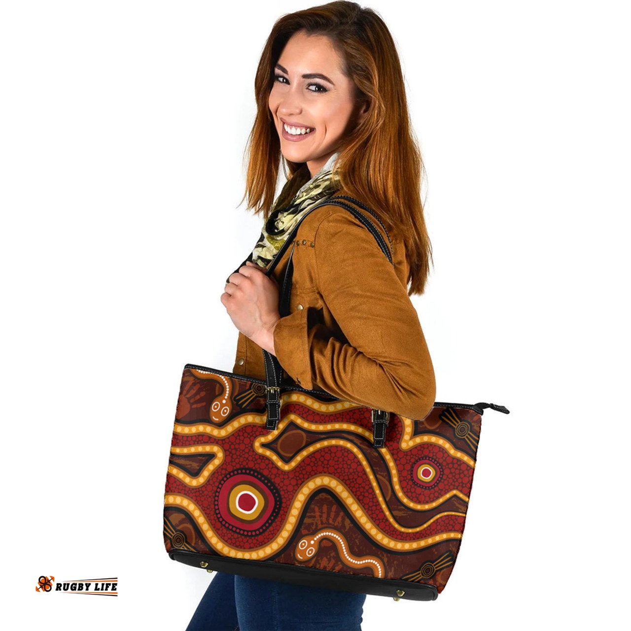 Indigenous Australian Aboriginal Path Of The Rainbow Serpent Leather Tote Bag