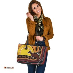 Indigenous Australian Aboriginal Kangaroo Trail Under The Outback Sun Leather Tote Bag
