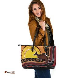 Indigenous Australian Aboriginal Kangaroo Trail Under The Outback Sun Leather Tote Bag