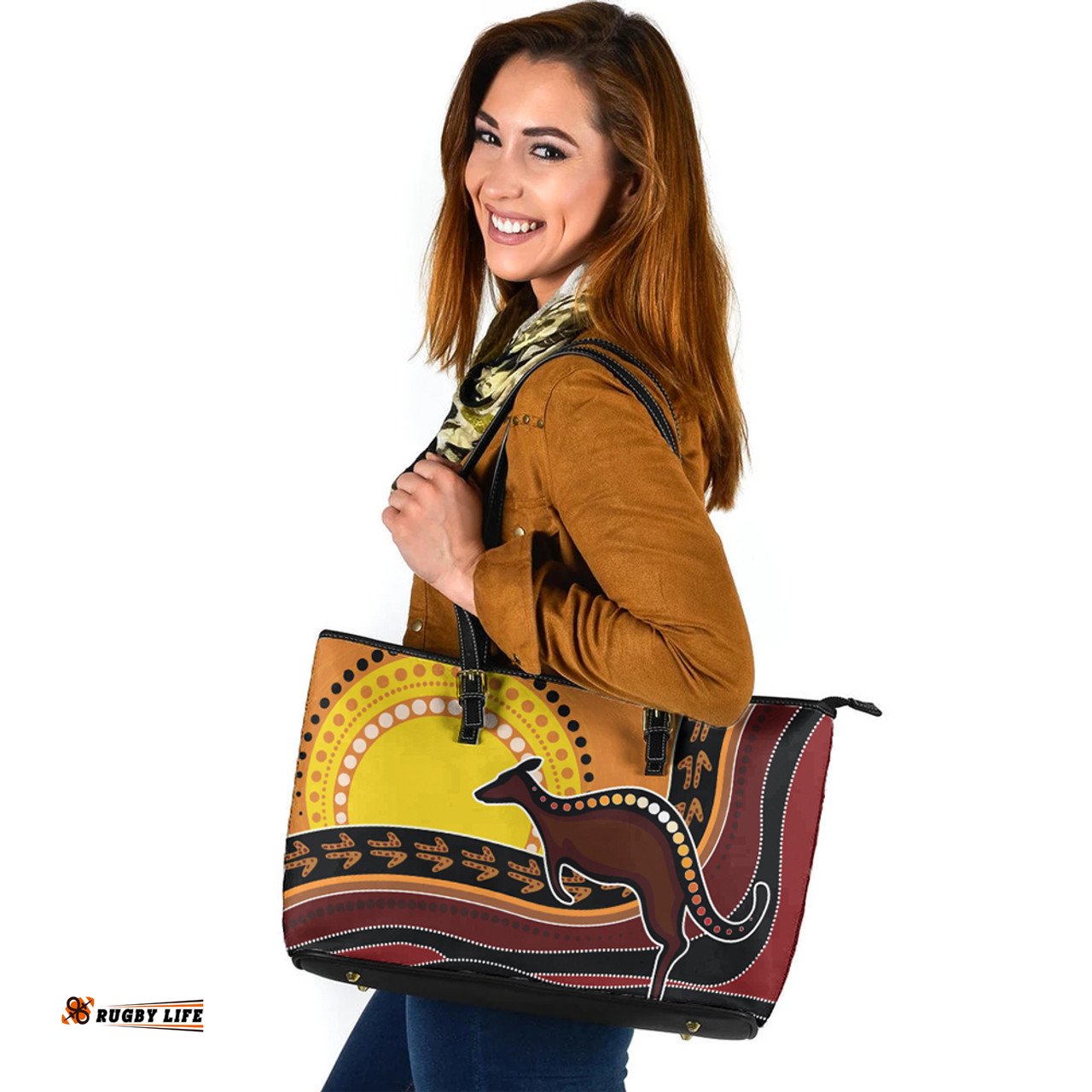 Indigenous Australian Aboriginal Kangaroo Trail Under The Outback Sun Leather Tote Bag